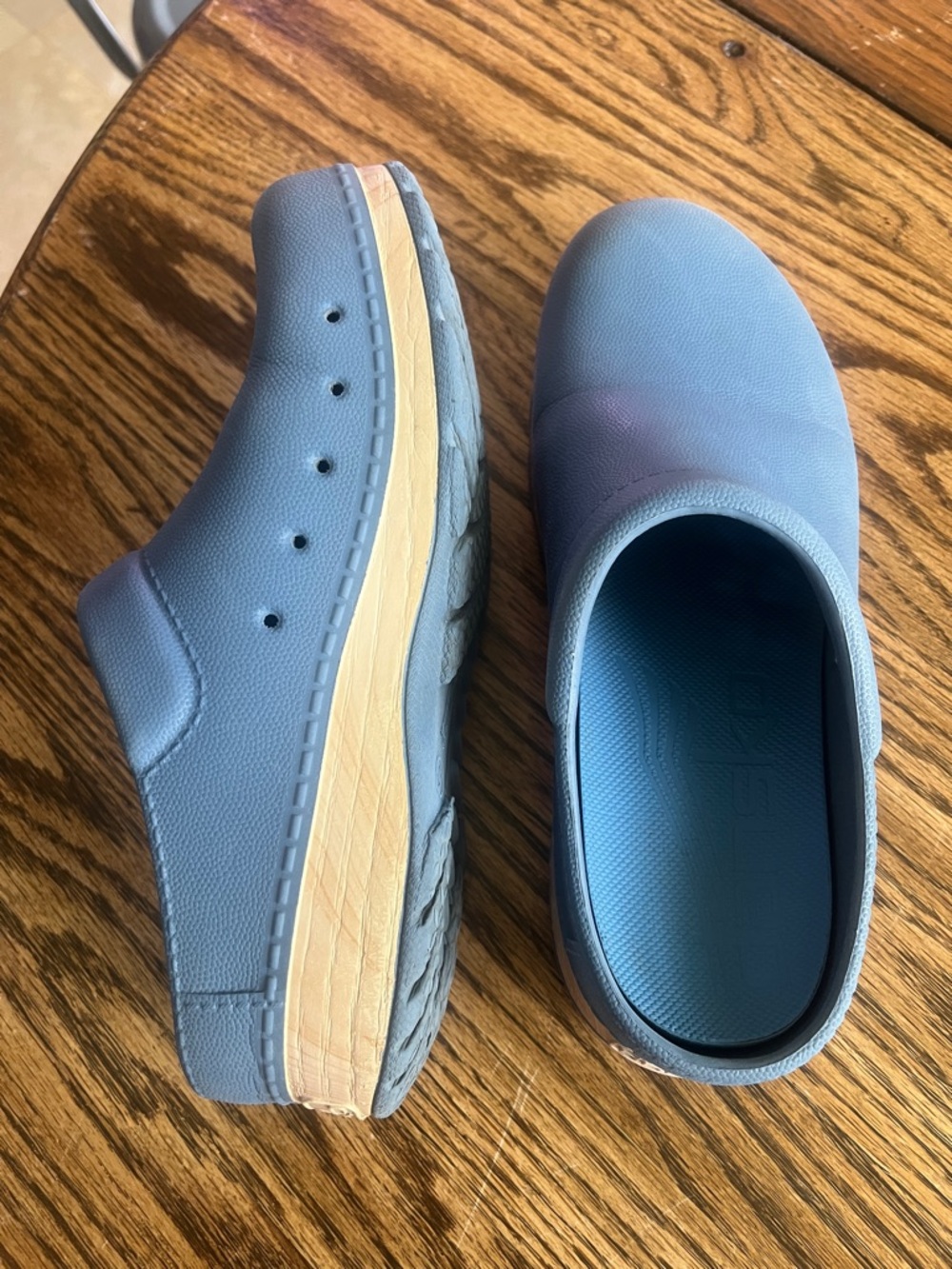 Dansko Kane Molded Blue Clogs with Tan Accent